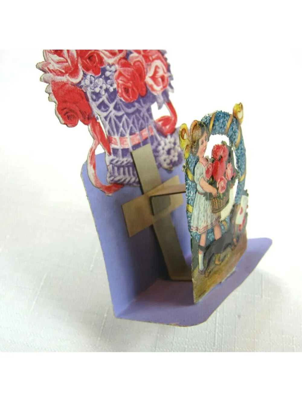 Vintage Valentine 3D Pop Up Pull Down Die Cut Girl Flowers Wiener Dog Germany